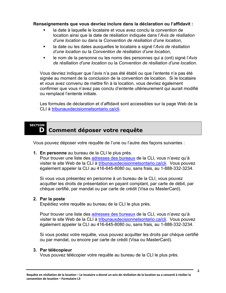 Instruction pour Forme L3 Requete En Resiliation De La Location Et En Expulsion Du Locataire - Le Locataire a Donne Un Avis De Resiliation Ou a Consenti a Resilier La Location - Ontario, Canada (French), Page 5