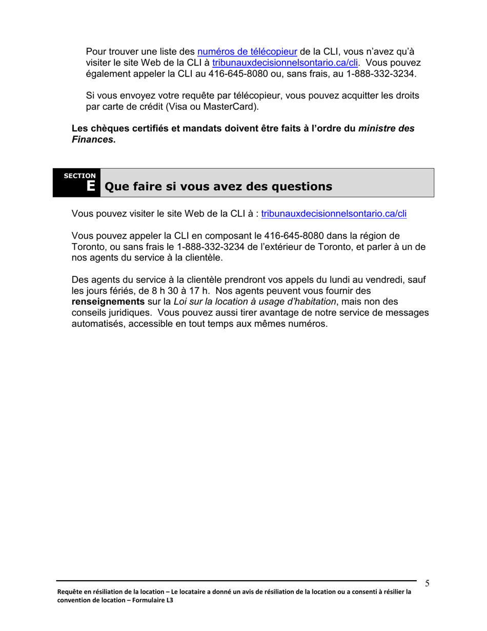 Instruction pour Forme L3 Requete En Resiliation De La Location Et En Expulsion Du Locataire - Le Locataire a Donne Un Avis De Resiliation Ou a Consenti a Resilier La Location - Ontario, Canada (French), Page 6