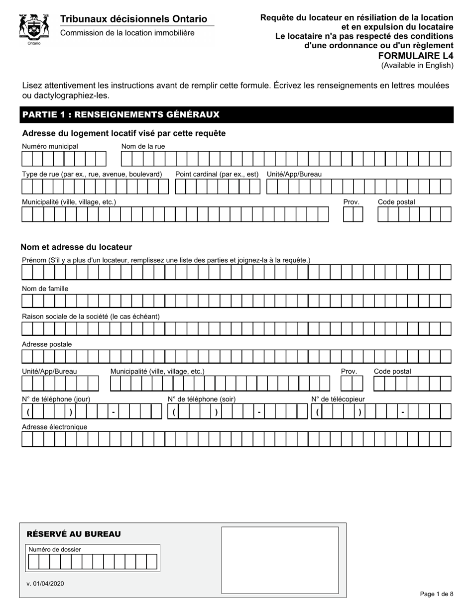 Forme L4 Requete Du Locateur En Resiliation De La Location Et En Expulsion Du Locataire Parce Que Le Locataire Na Pas Respecte DES Conditions Dune Ordonnance Ou Dun Reglement - Ontario, Canada (French), Page 2
