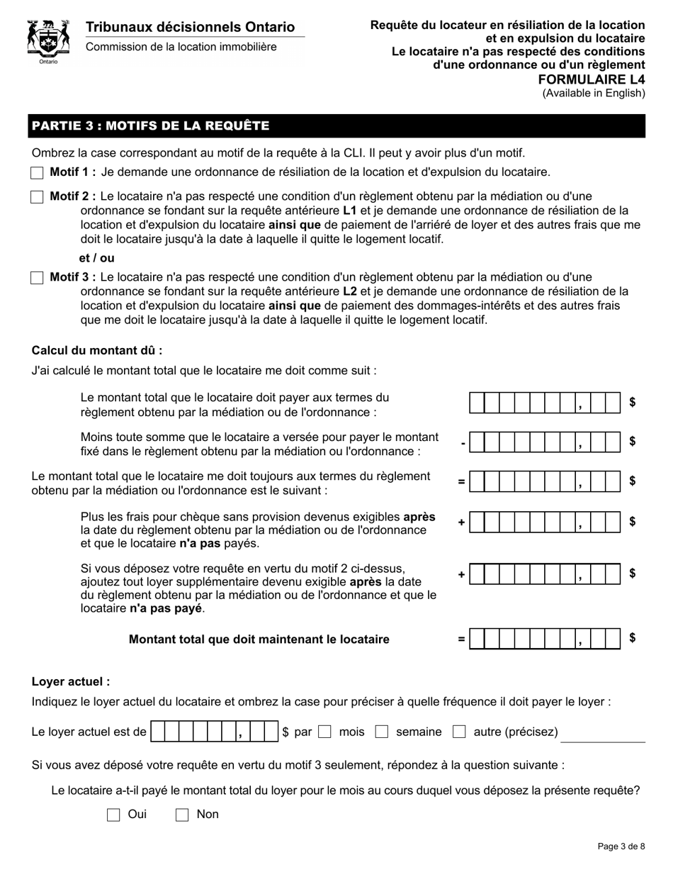 Forme L4 Requete Du Locateur En Resiliation De La Location Et En Expulsion Du Locataire Parce Que Le Locataire Na Pas Respecte DES Conditions Dune Ordonnance Ou Dun Reglement - Ontario, Canada (French), Page 4