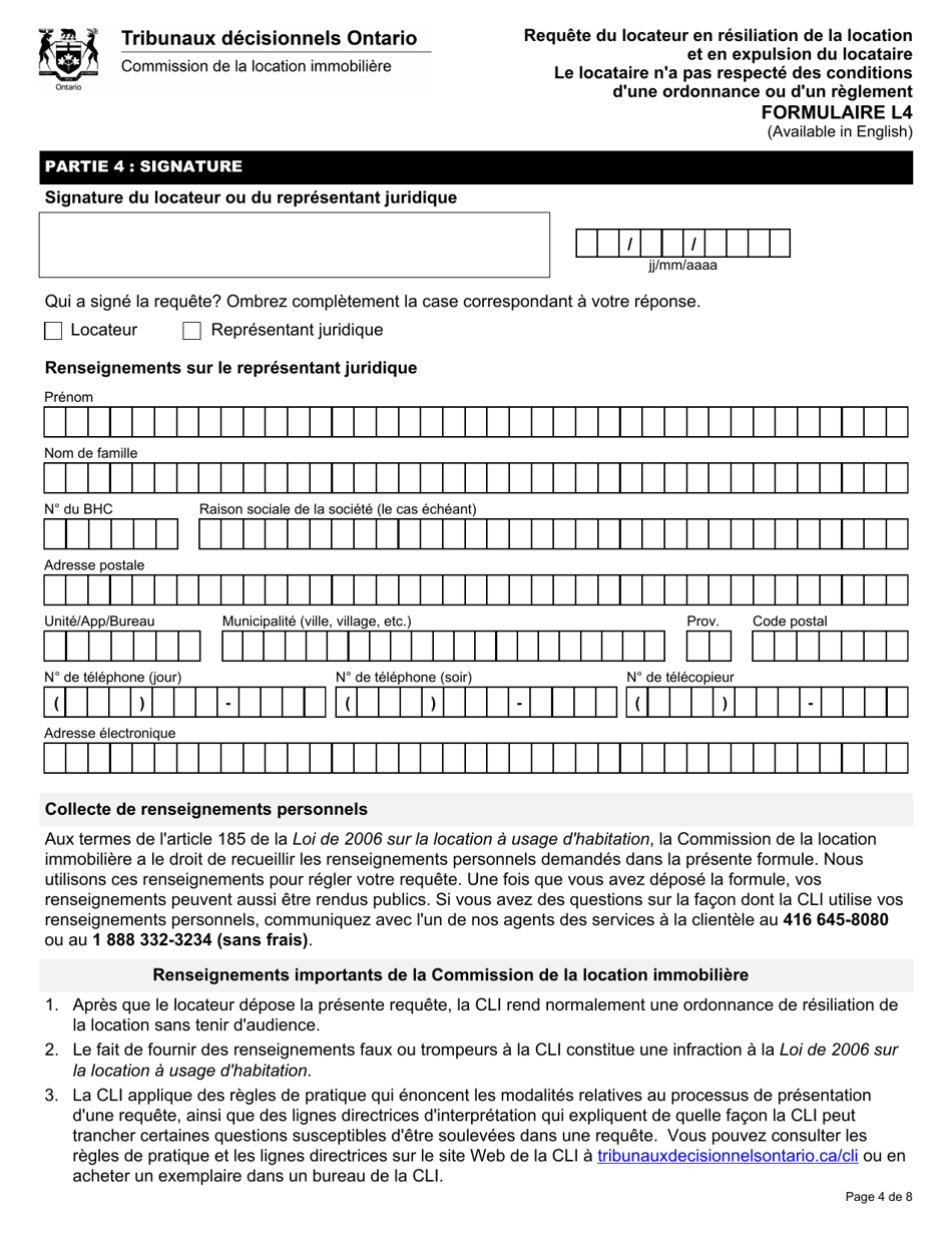 Forme L4 Requete Du Locateur En Resiliation De La Location Et En Expulsion Du Locataire Parce Que Le Locataire Na Pas Respecte DES Conditions Dune Ordonnance Ou Dun Reglement - Ontario, Canada (French), Page 5