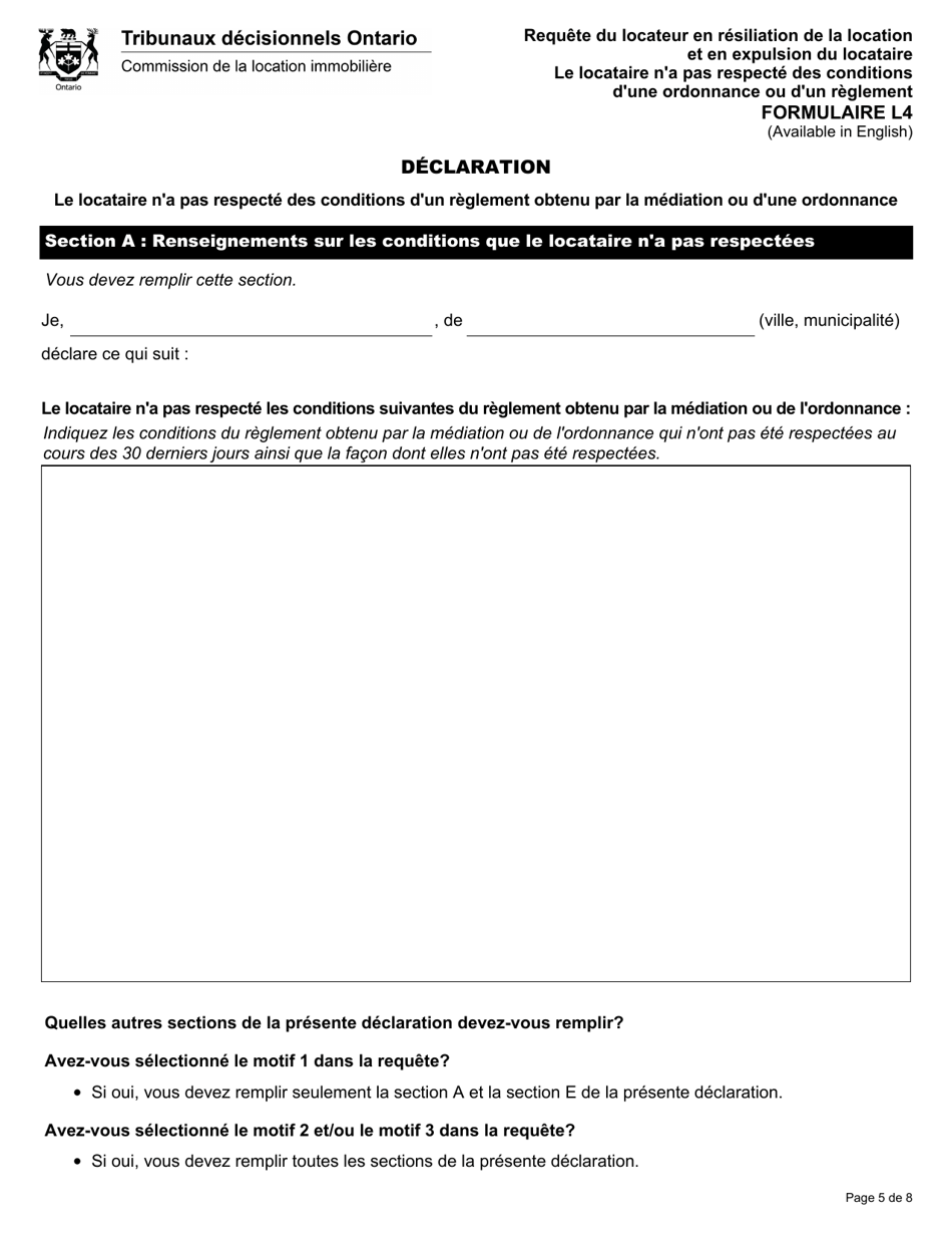 Forme L4 Requete Du Locateur En Resiliation De La Location Et En Expulsion Du Locataire Parce Que Le Locataire Na Pas Respecte DES Conditions Dune Ordonnance Ou Dun Reglement - Ontario, Canada (French), Page 6