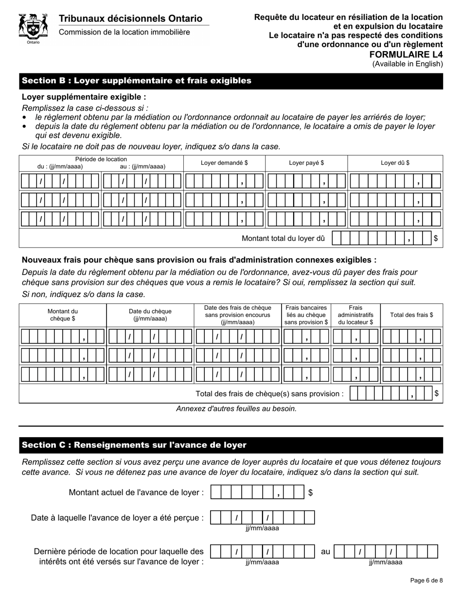 Forme L4 Requete Du Locateur En Resiliation De La Location Et En Expulsion Du Locataire Parce Que Le Locataire Na Pas Respecte DES Conditions Dune Ordonnance Ou Dun Reglement - Ontario, Canada (French), Page 7