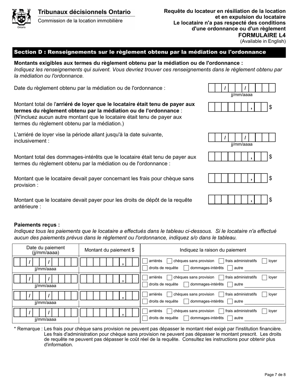 Forme L4 Requete Du Locateur En Resiliation De La Location Et En Expulsion Du Locataire Parce Que Le Locataire Na Pas Respecte DES Conditions Dune Ordonnance Ou Dun Reglement - Ontario, Canada (French), Page 8