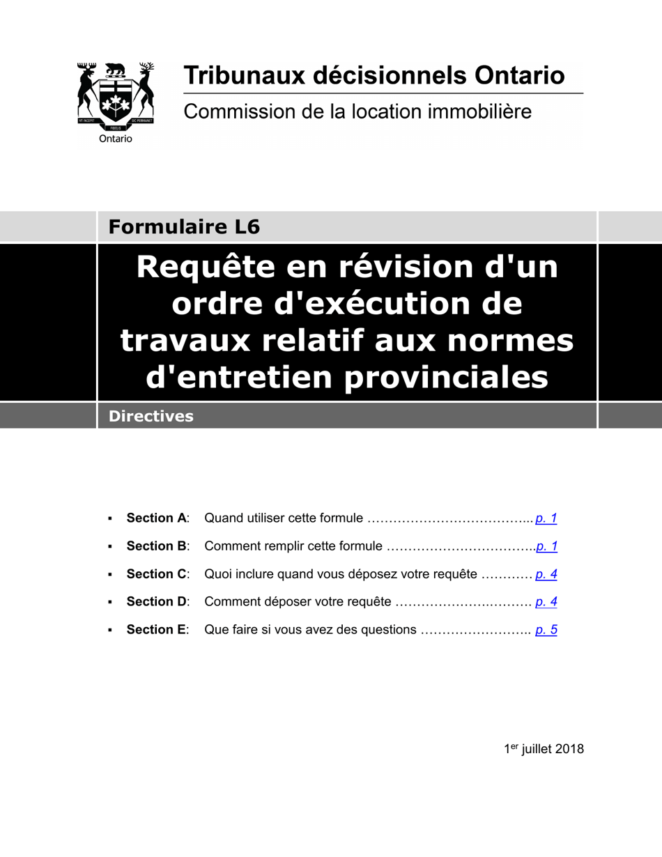 Instruction pour Forme L6 Requete En Revision Dun Ordre Dexecution De Travaux Relatif Aux Normes Dentretien Provinciales - Ontario, Canada (French), Page 1