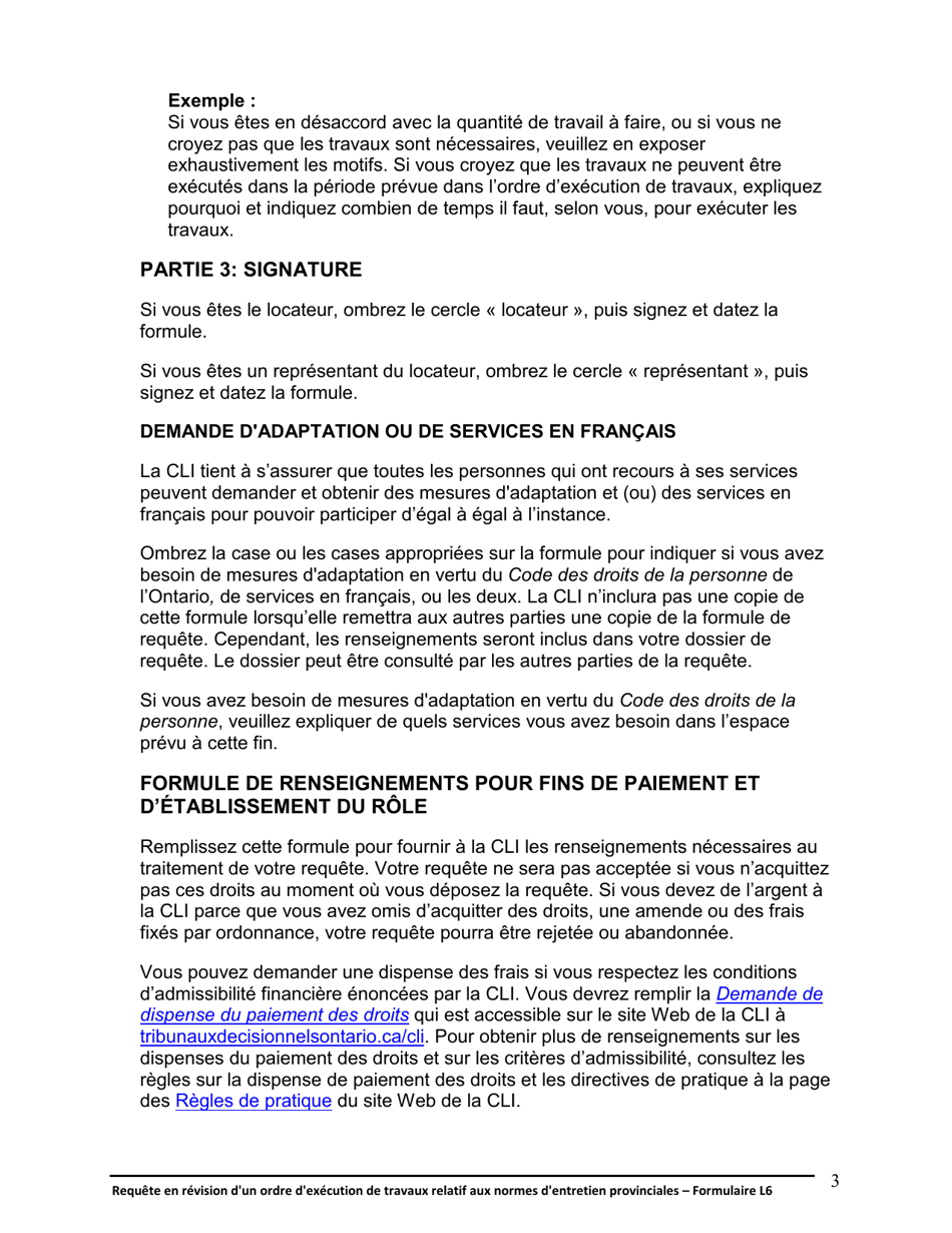 Instruction pour Forme L6 Requete En Revision Dun Ordre Dexecution De Travaux Relatif Aux Normes Dentretien Provinciales - Ontario, Canada (French), Page 4