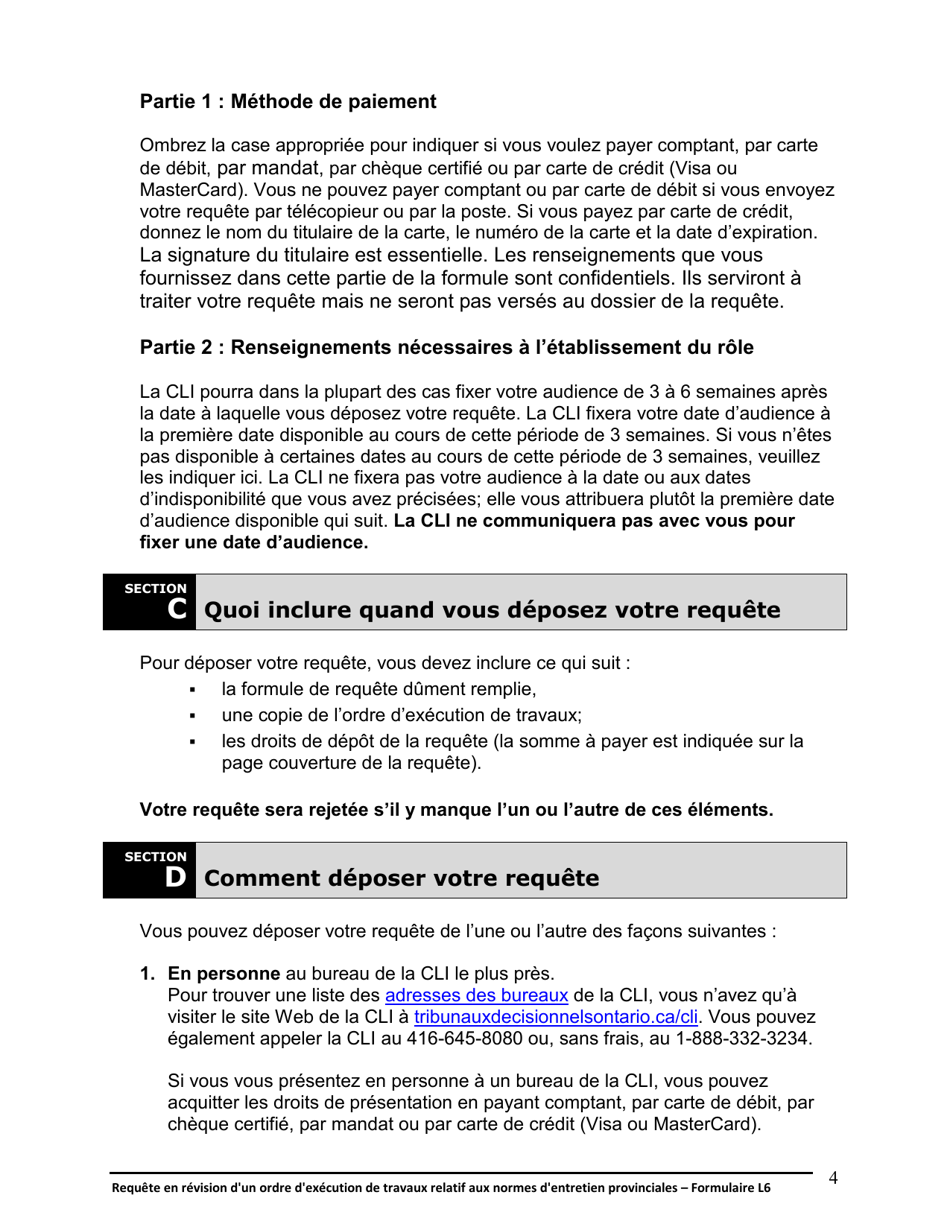 Instruction pour Forme L6 Requete En Revision Dun Ordre Dexecution De Travaux Relatif Aux Normes Dentretien Provinciales - Ontario, Canada (French), Page 5