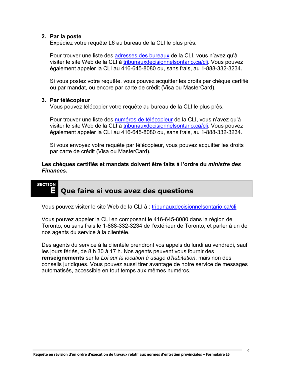 Instruction pour Forme L6 Requete En Revision Dun Ordre Dexecution De Travaux Relatif Aux Normes Dentretien Provinciales - Ontario, Canada (French), Page 6