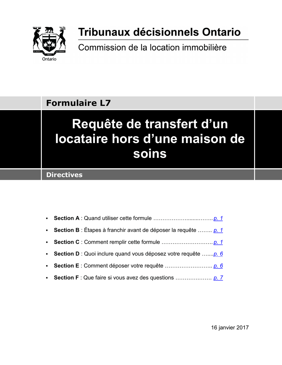 Instruction pour Forme L7 Requete De Transfert Dun Locataire Hors Dune Maison De Soins - Ontario, Canada (French), Page 1