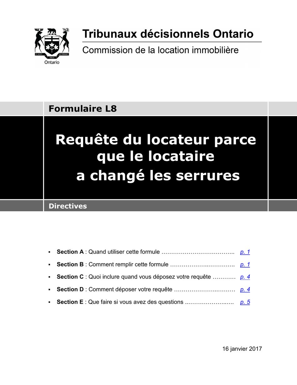 Instruction pour Forme L8 Requete Du Locateur Parce Que Le Locataire a Change Les Serrures - Ontario, Canada (French), Page 1