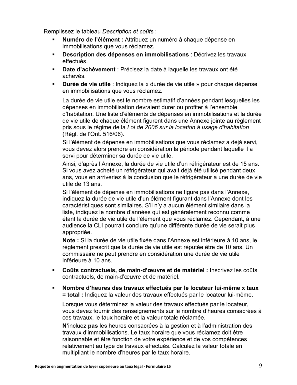 Instruction pour Forme L5 Requete En Augmentation De Loyer Superieure Au Taux Legal - Ontario, Canada (French), Page 10