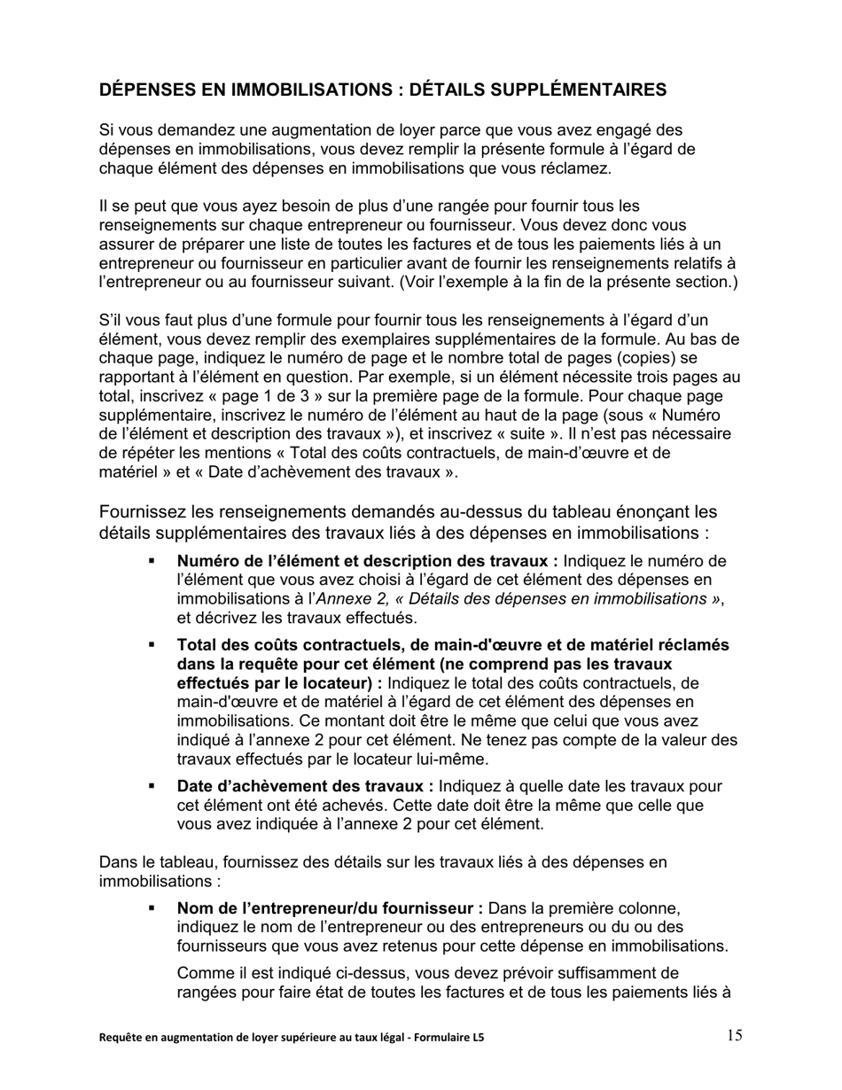 Instruction pour Forme L5 Requete En Augmentation De Loyer Superieure Au Taux Legal - Ontario, Canada (French), Page 16