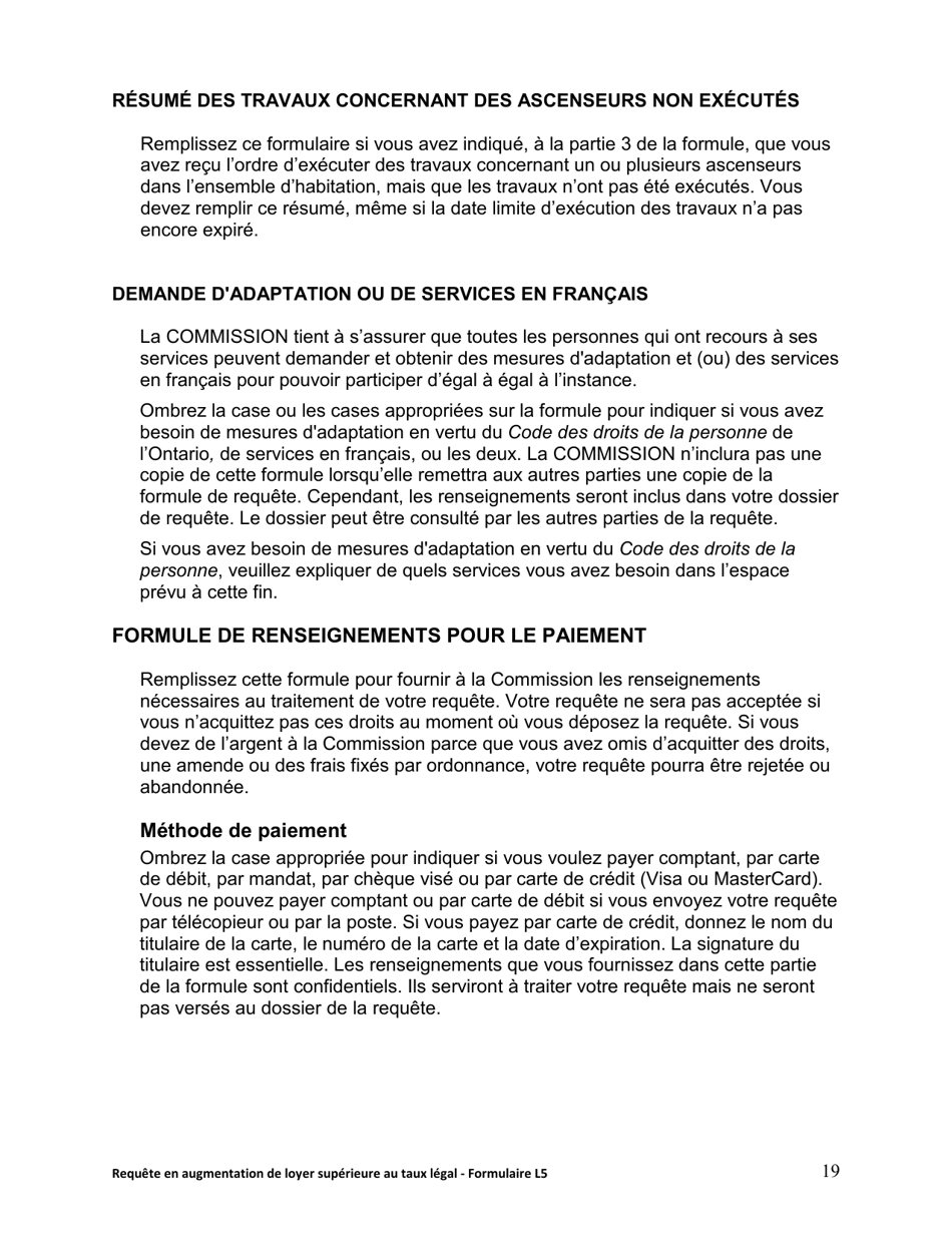 Instruction pour Forme L5 Requete En Augmentation De Loyer Superieure Au Taux Legal - Ontario, Canada (French), Page 20