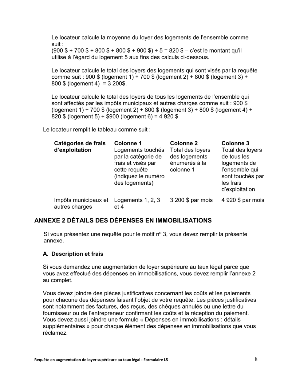 Instruction pour Forme L5 Requete En Augmentation De Loyer Superieure Au Taux Legal - Ontario, Canada (French), Page 9