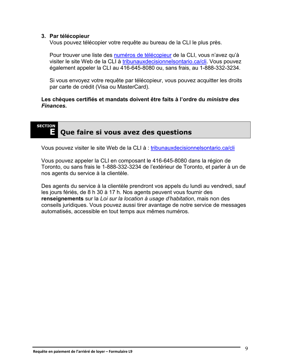 Instruction pour Forme L9 Requete En Paiement De Larriere De Loyer - Ontario, Canada (French), Page 10