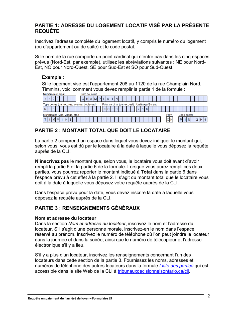 Instruction pour Forme L9 Requete En Paiement De Larriere De Loyer - Ontario, Canada (French), Page 3