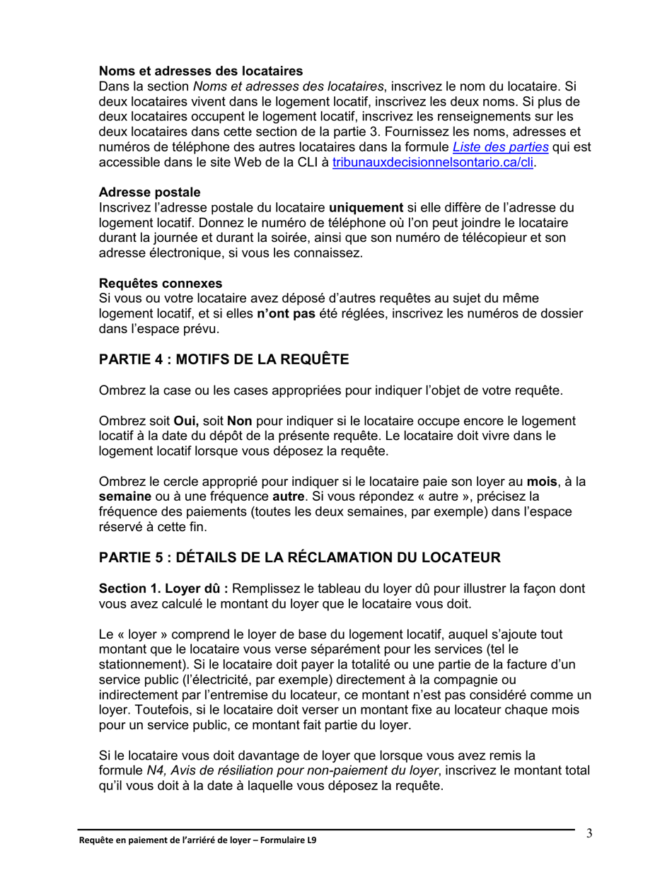 Instruction pour Forme L9 Requete En Paiement De Larriere De Loyer - Ontario, Canada (French), Page 4
