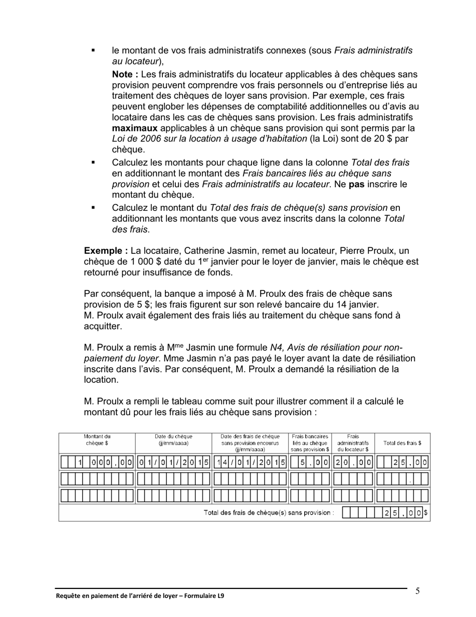 Instruction pour Forme L9 Requete En Paiement De Larriere De Loyer - Ontario, Canada (French), Page 6