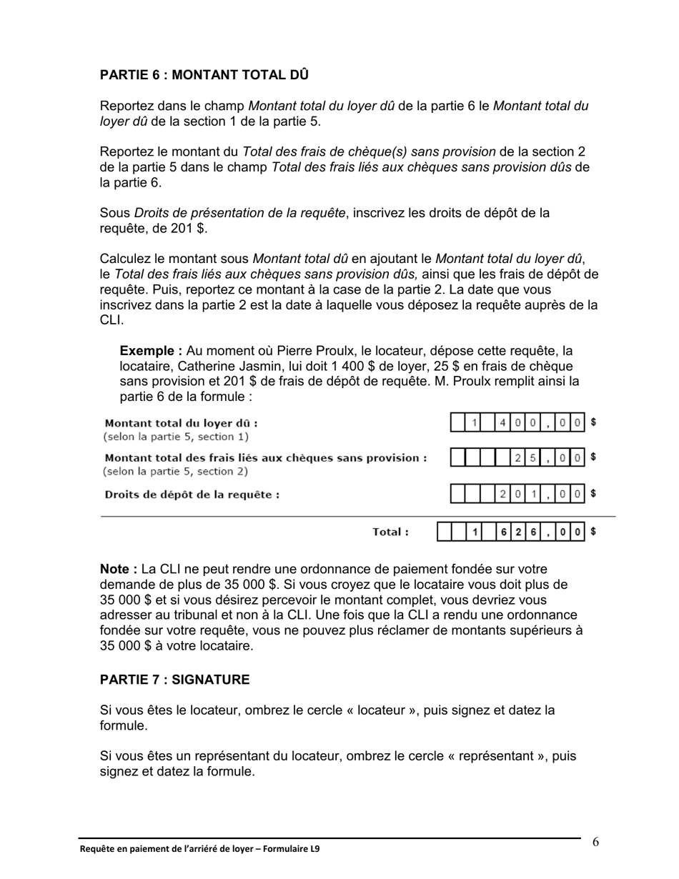 Instruction pour Forme L9 Requete En Paiement De Larriere De Loyer - Ontario, Canada (French), Page 7