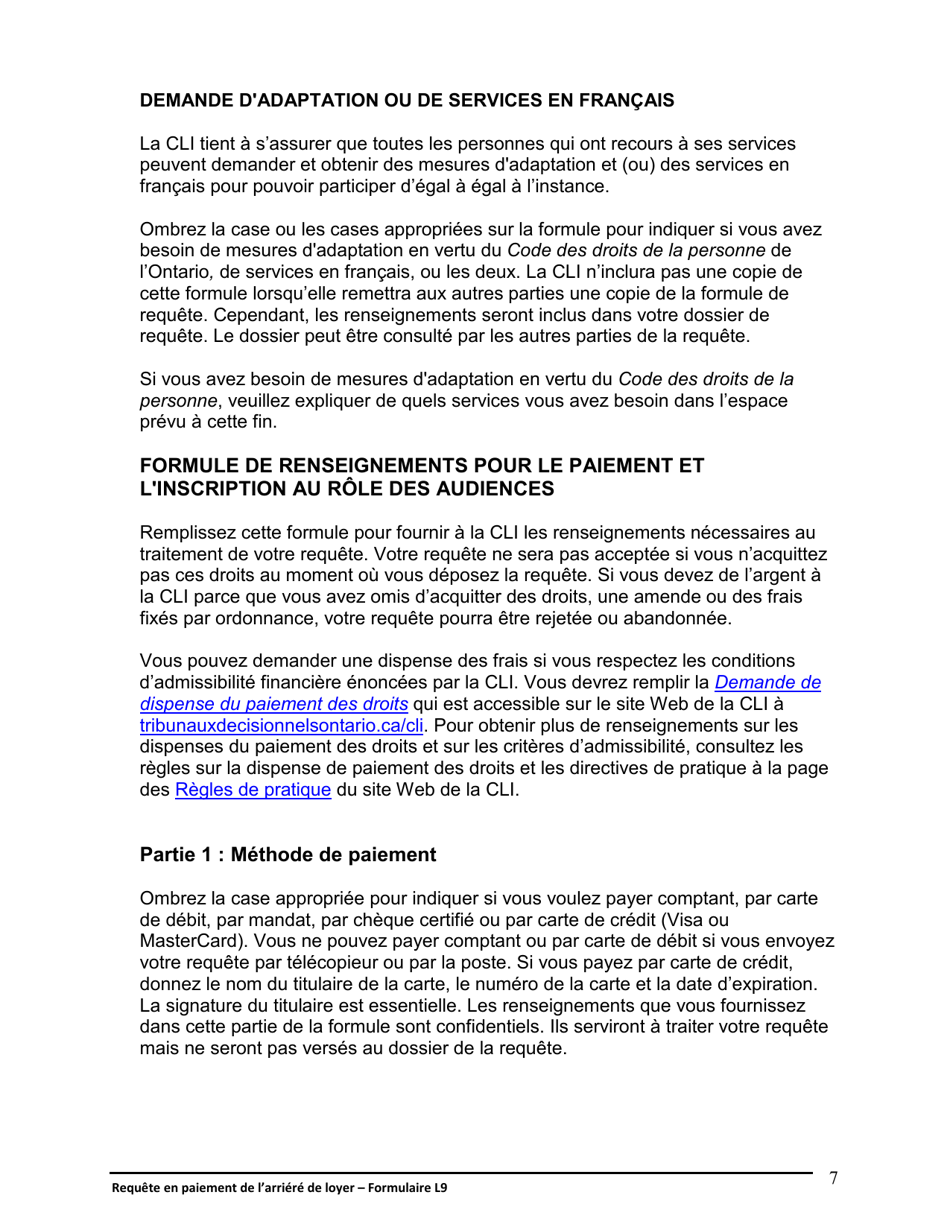 Instruction pour Forme L9 Requete En Paiement De Larriere De Loyer - Ontario, Canada (French), Page 8