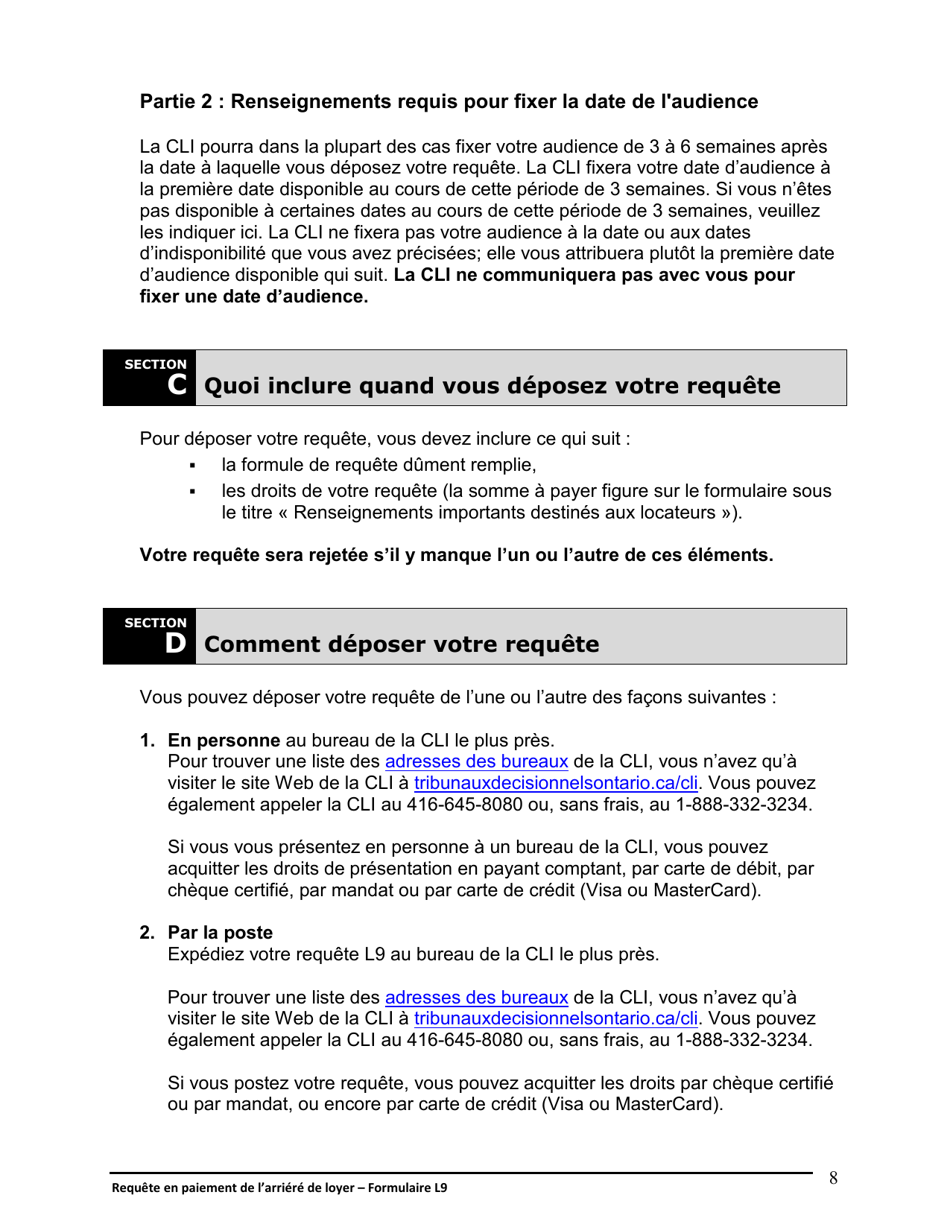Instruction pour Forme L9 Requete En Paiement De Larriere De Loyer - Ontario, Canada (French), Page 9