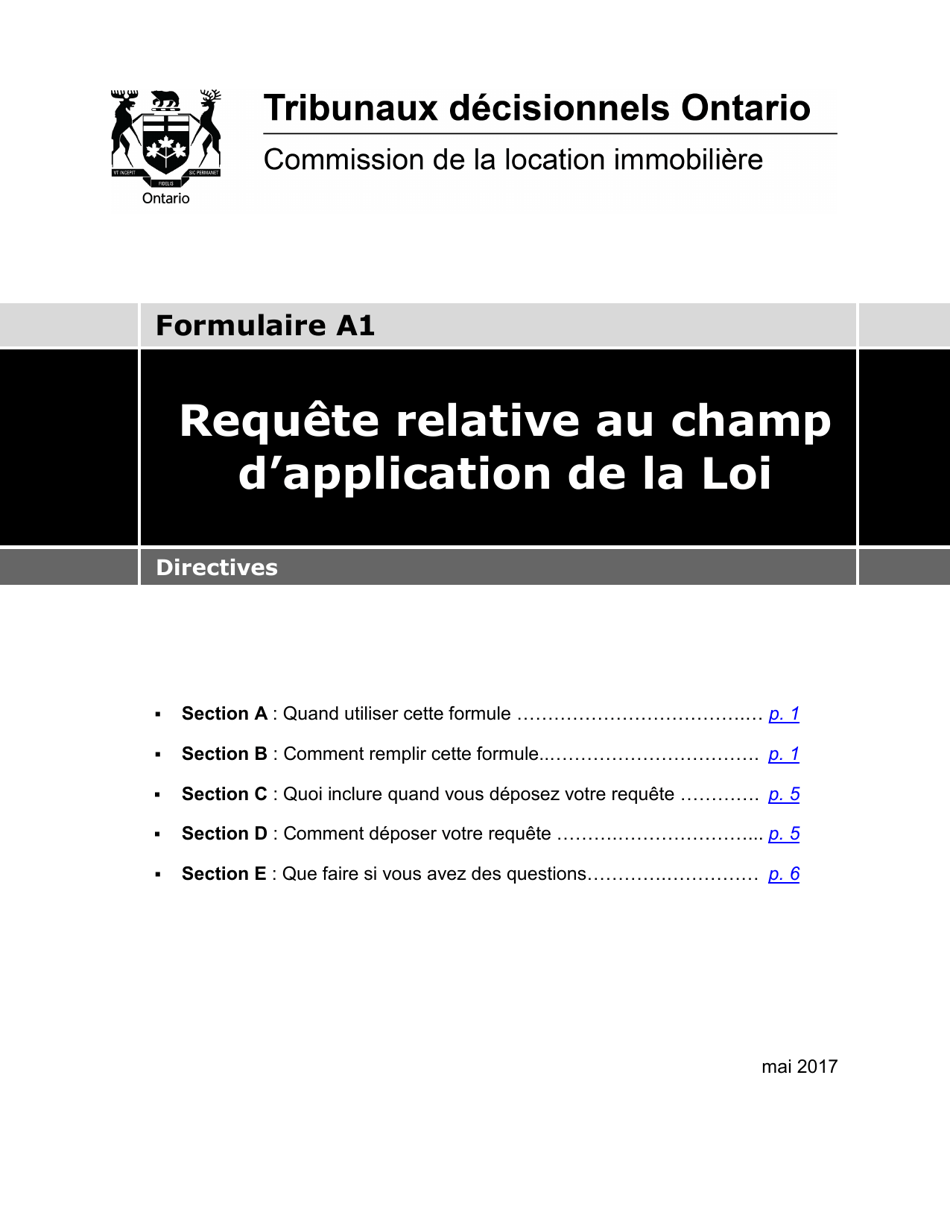 Instruction pour Forme A1 Requete Relative Au Champ Dapplication De La Loi - Ontario, Canada (French), Page 1