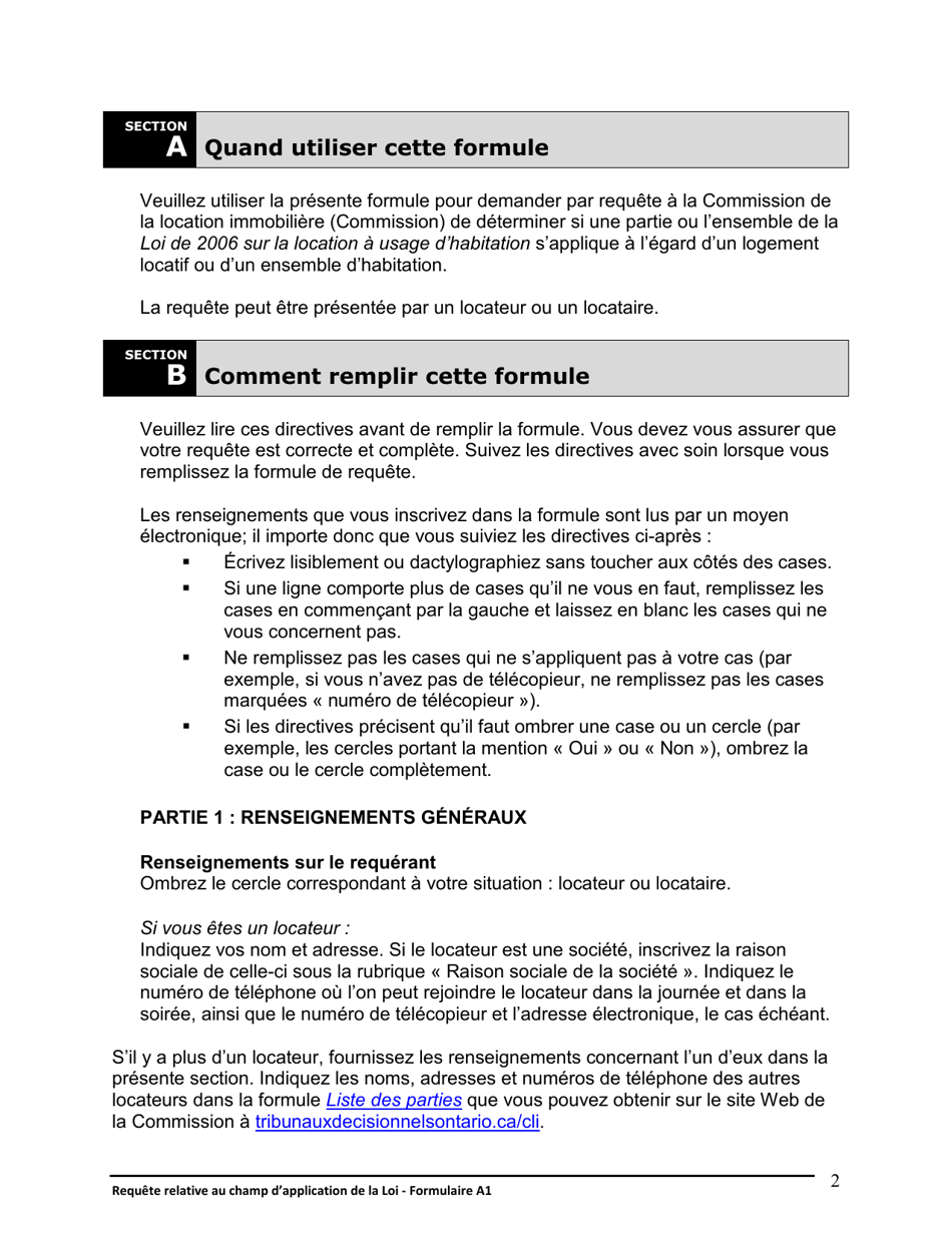 Instruction pour Forme A1 Requete Relative Au Champ Dapplication De La Loi - Ontario, Canada (French), Page 2