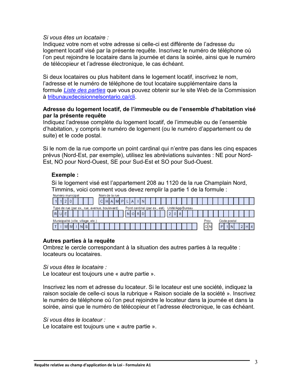 Instruction pour Forme A1 Requete Relative Au Champ Dapplication De La Loi - Ontario, Canada (French), Page 3