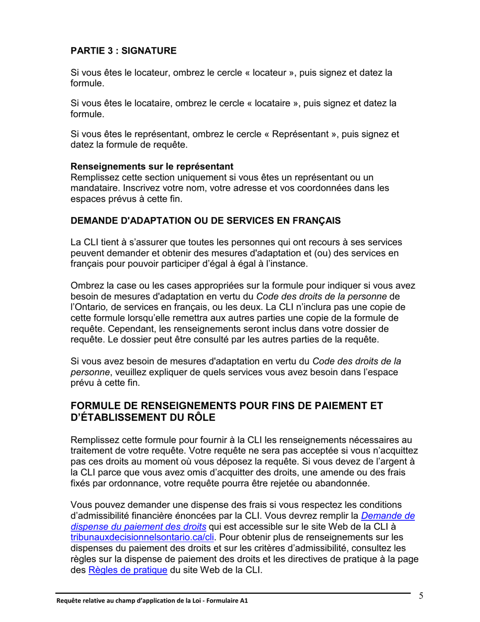 Instruction pour Forme A1 Requete Relative Au Champ Dapplication De La Loi - Ontario, Canada (French), Page 5