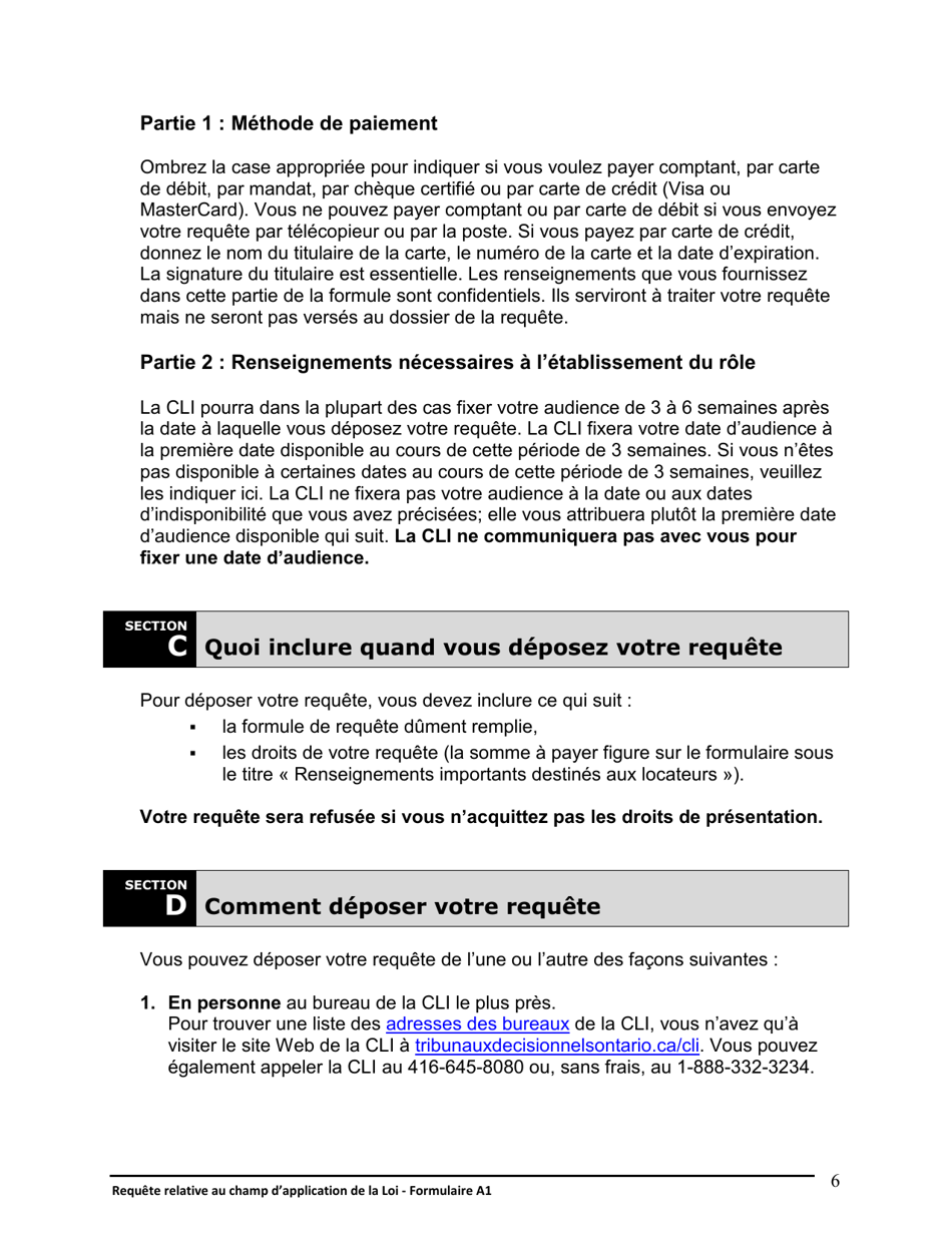 Instruction pour Forme A1 Requete Relative Au Champ Dapplication De La Loi - Ontario, Canada (French), Page 6