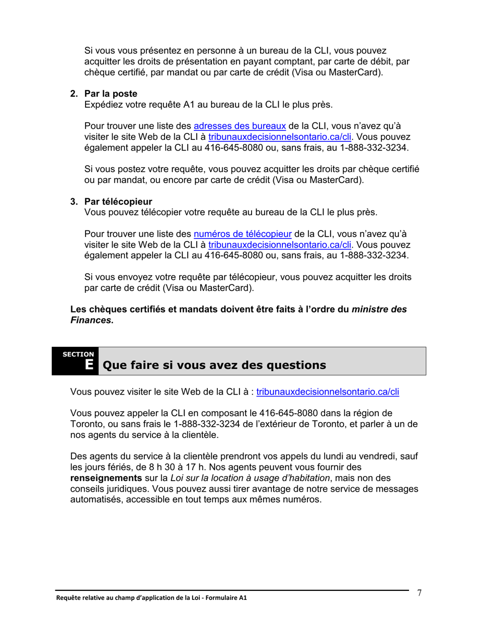 Instruction pour Forme A1 Requete Relative Au Champ Dapplication De La Loi - Ontario, Canada (French), Page 7