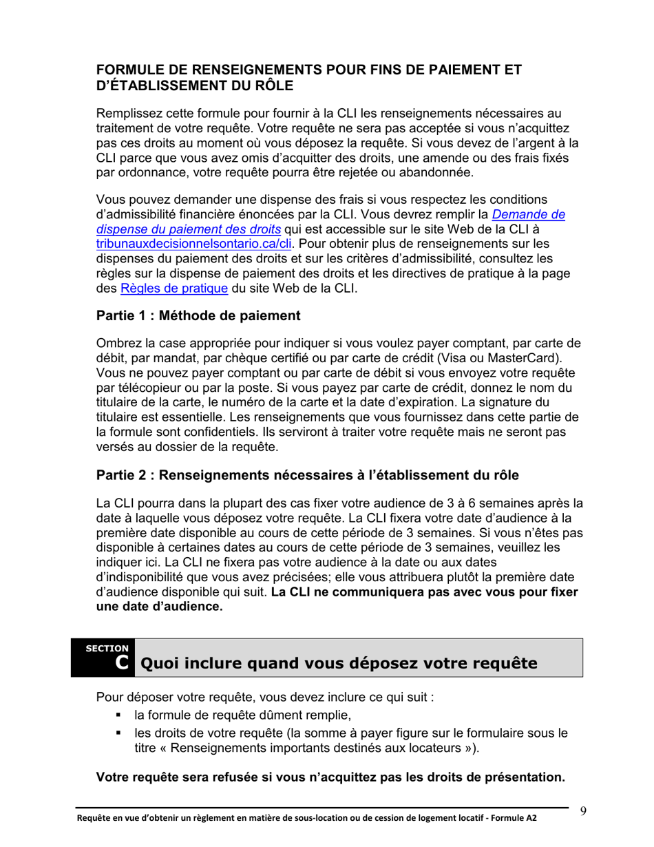 Instruction pour Forme A2 Requete En Vue Dobtenir Un Reglement En Matiere De Sous-Location Ou De Cession De Logement Locatif - Ontario, Canada (French), Page 10