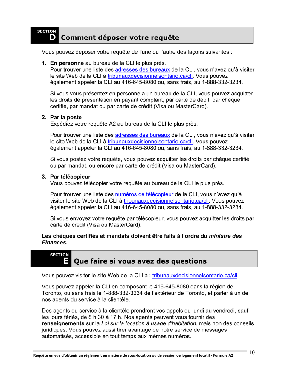 Instruction pour Forme A2 Requete En Vue Dobtenir Un Reglement En Matiere De Sous-Location Ou De Cession De Logement Locatif - Ontario, Canada (French), Page 11