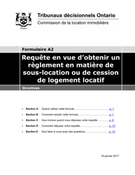 Instruction pour Forme A2 Requete En Vue D&#039;obtenir Un Reglement En Matiere De Sous-Location Ou De Cession De Logement Locatif - Ontario, Canada (French)