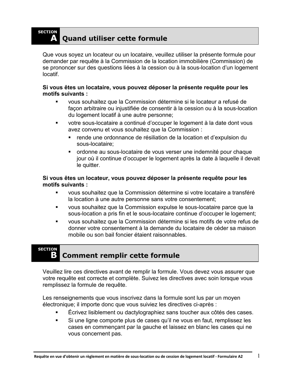 Instruction pour Forme A2 Requete En Vue Dobtenir Un Reglement En Matiere De Sous-Location Ou De Cession De Logement Locatif - Ontario, Canada (French), Page 2