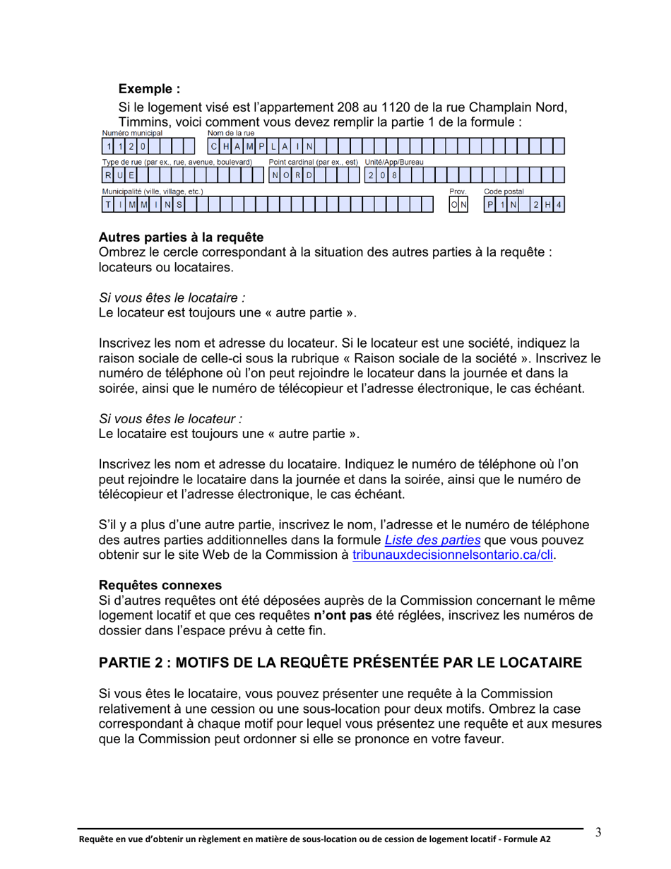 Instruction pour Forme A2 Requete En Vue Dobtenir Un Reglement En Matiere De Sous-Location Ou De Cession De Logement Locatif - Ontario, Canada (French), Page 4