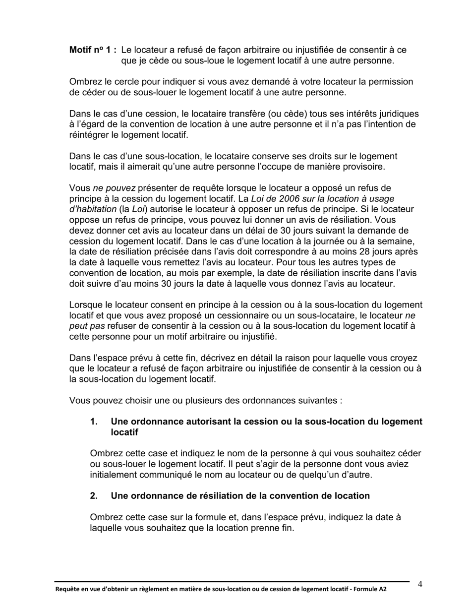 Instruction pour Forme A2 Requete En Vue Dobtenir Un Reglement En Matiere De Sous-Location Ou De Cession De Logement Locatif - Ontario, Canada (French), Page 5