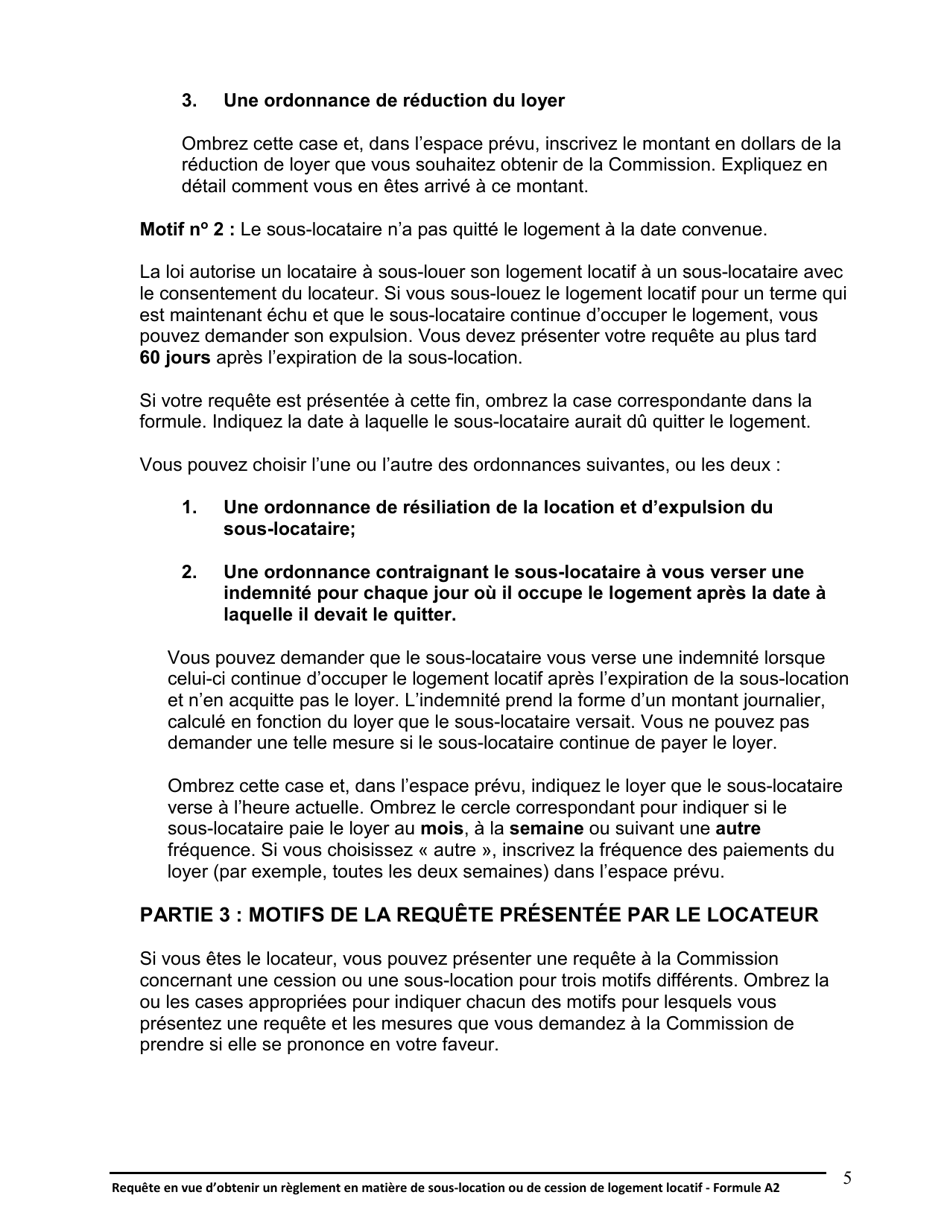 Instruction pour Forme A2 Requete En Vue Dobtenir Un Reglement En Matiere De Sous-Location Ou De Cession De Logement Locatif - Ontario, Canada (French), Page 6