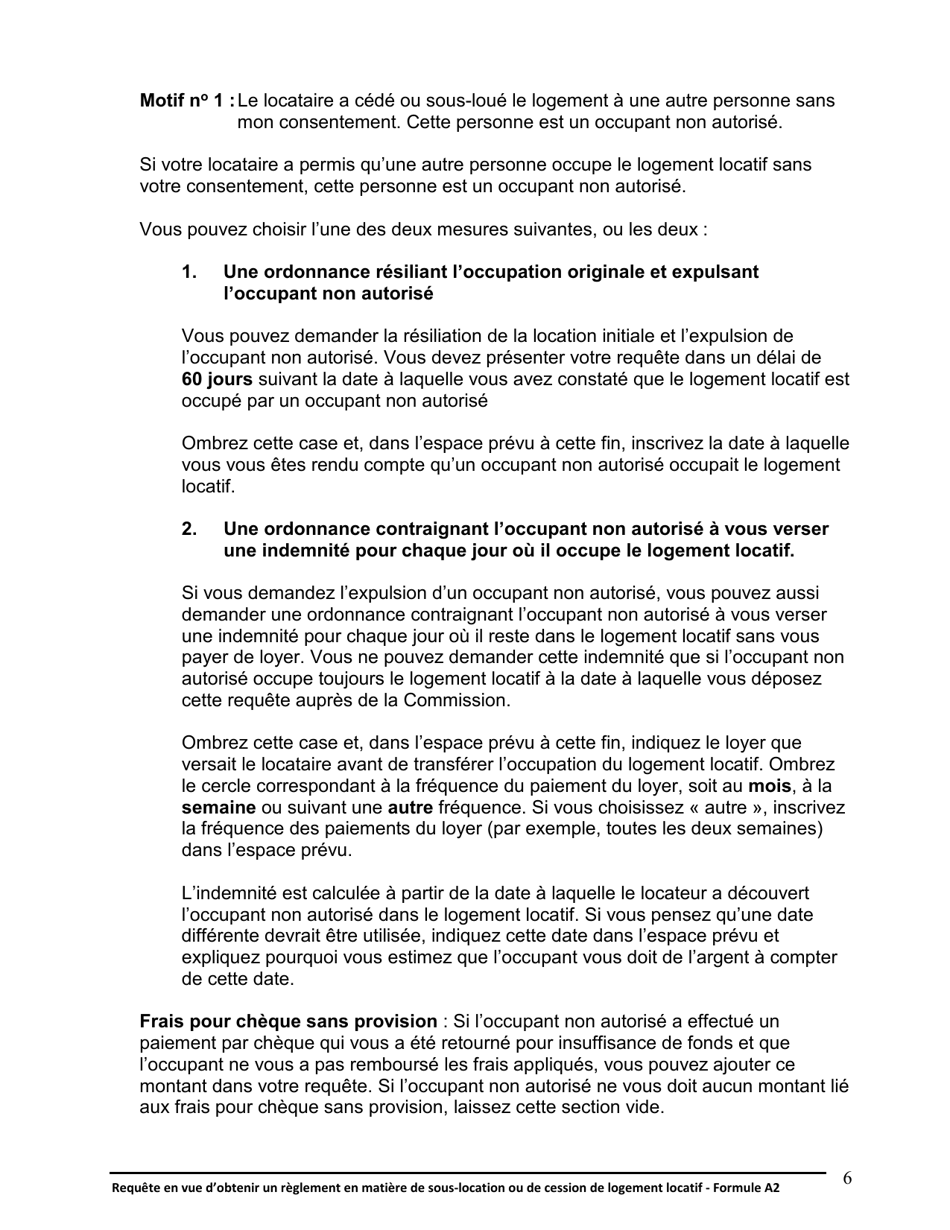 Instruction pour Forme A2 Requete En Vue Dobtenir Un Reglement En Matiere De Sous-Location Ou De Cession De Logement Locatif - Ontario, Canada (French), Page 7