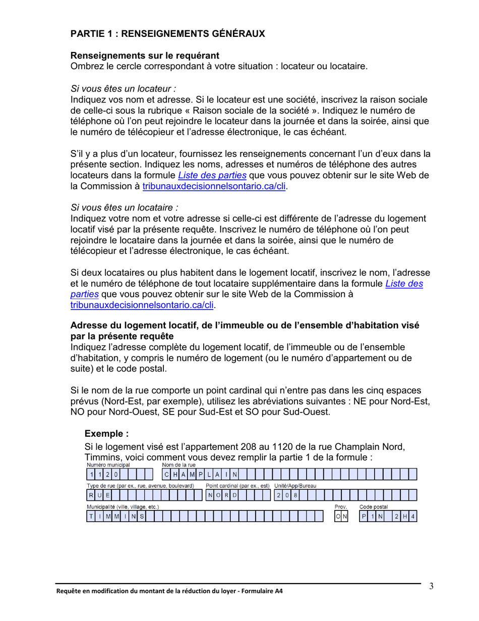 Instruction pour Forme A4 Requete En Modification Du Montant De La Reduction Du Loyer - Ontario, Canada (French), Page 3