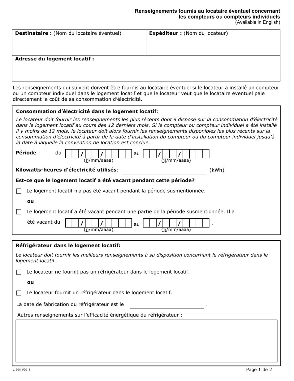 Renseignements Fournis Au Locataire Eventuel Concernant Les Compteurs Ou Compteurs Individuels - Ontario, Canada (French), Page 1