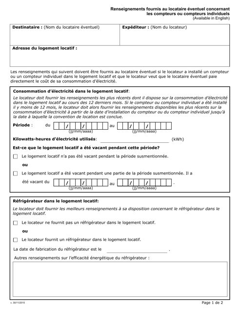 Renseignements Fournis Au Locataire Eventuel Concernant Les Compteurs Ou Compteurs Individuels - Ontario, Canada (French) Download Pdf