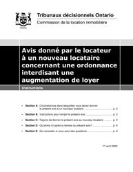 Document preview: Instruction pour Avis Donne Par Le Locateur a Un Nouveau Locataire Concernant Une Ordonnance Interdisant Une Augmentation De Loyer - Ontario, Canada (French)
