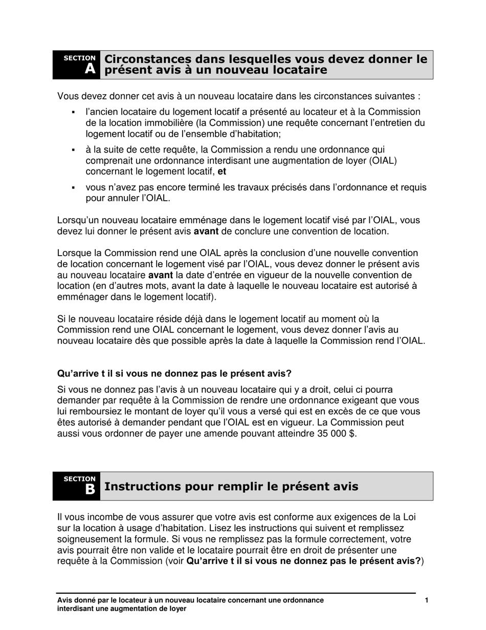Instruction pour Avis Donne Par Le Locateur a Un Nouveau Locataire Concernant Une Ordonnance Interdisant Une Augmentation De Loyer - Ontario, Canada (French), Page 2