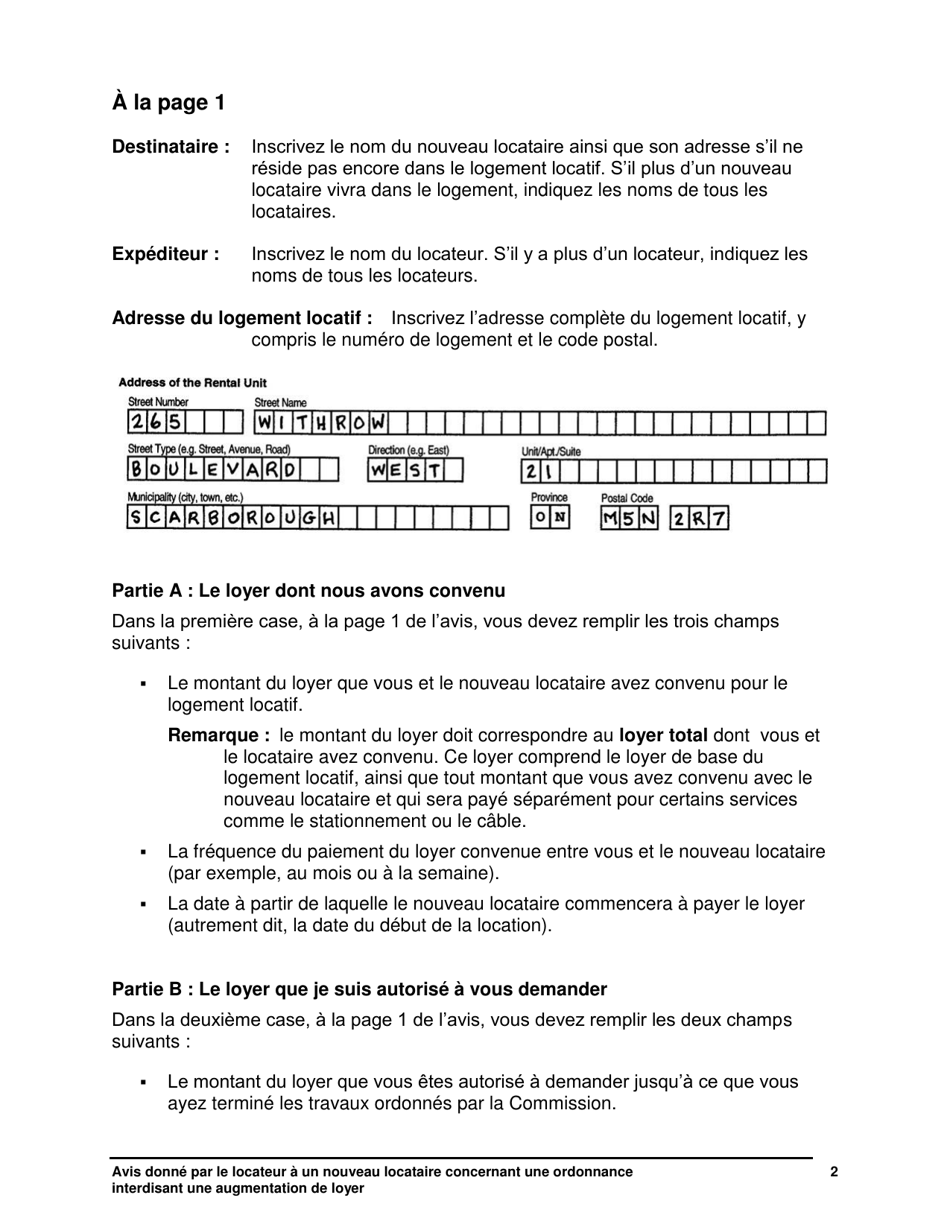 Instruction pour Avis Donne Par Le Locateur a Un Nouveau Locataire Concernant Une Ordonnance Interdisant Une Augmentation De Loyer - Ontario, Canada (French), Page 3