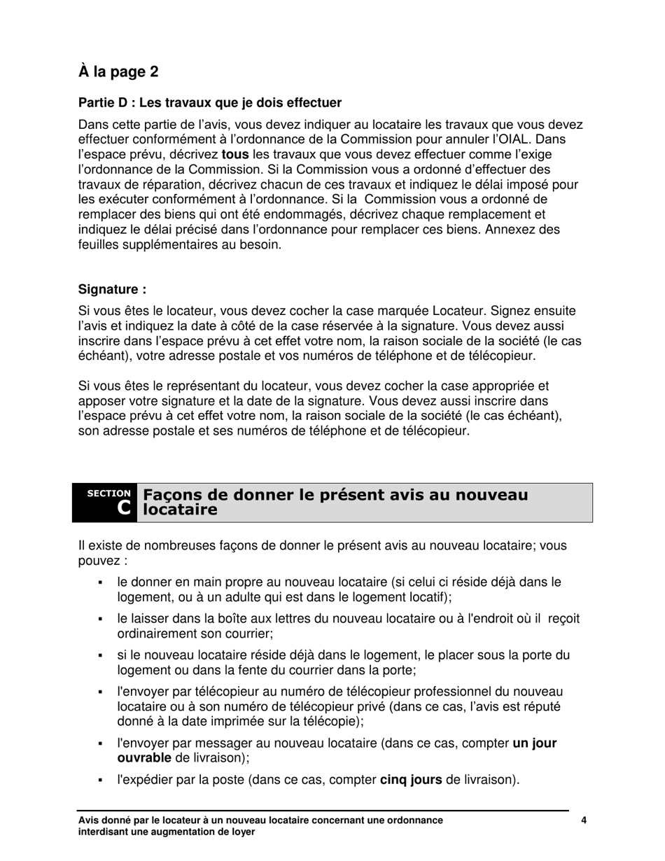 Instruction pour Avis Donne Par Le Locateur a Un Nouveau Locataire Concernant Une Ordonnance Interdisant Une Augmentation De Loyer - Ontario, Canada (French), Page 5