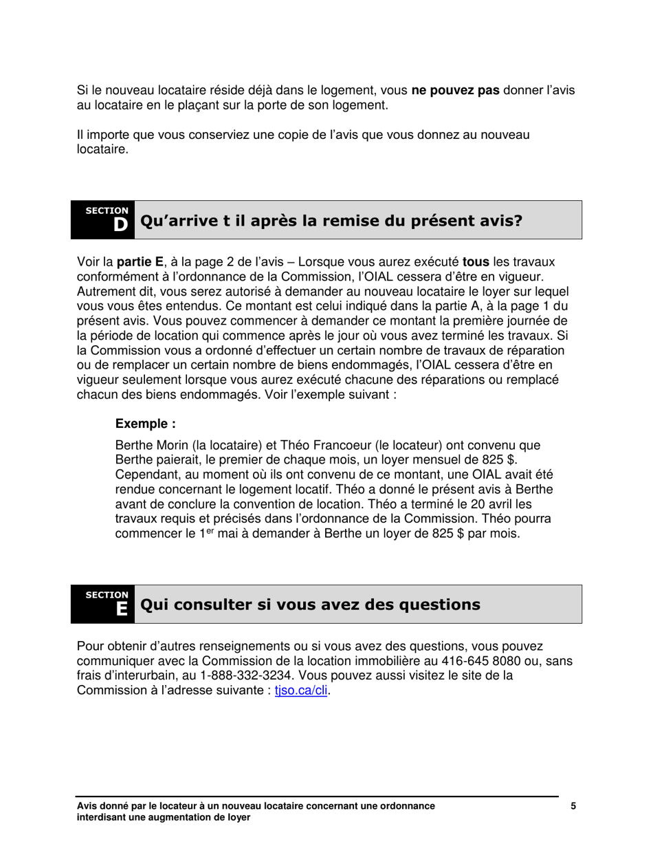 Instruction pour Avis Donne Par Le Locateur a Un Nouveau Locataire Concernant Une Ordonnance Interdisant Une Augmentation De Loyer - Ontario, Canada (French), Page 6