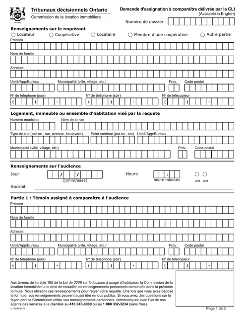 Demande D'assignation a Comparaitre Delivree Par La Cli - Ontario, Canada (French) Download Pdf