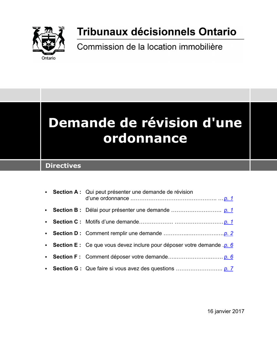 Instruction pour Demande De Revision Dune Ordonnance - Ontario, Canada (French), Page 1