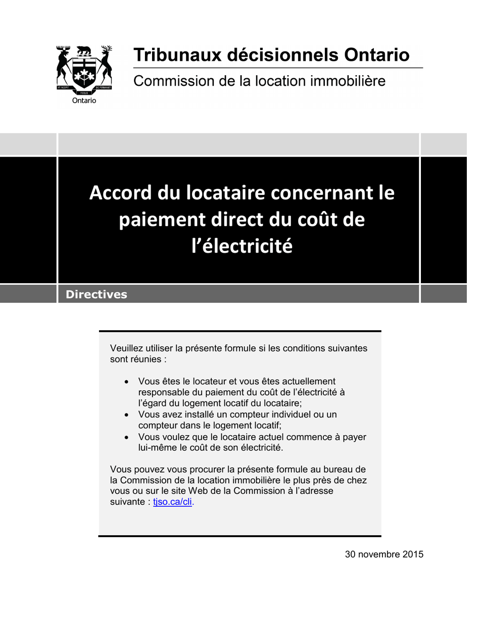 Instruction pour Accord Du Locataire Concernant Le Paiement Direct Du Cout De Lelectricite - Ontario, Canada (French), Page 1